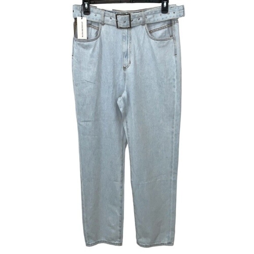 NWT WeWoreWhat Cut Out Straight in Super Blue Jeans Belted Denim Size 32